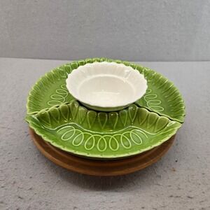Vtg California Pottery L56 Lazy Susan Chip Set Green White 5 Pcs with base!